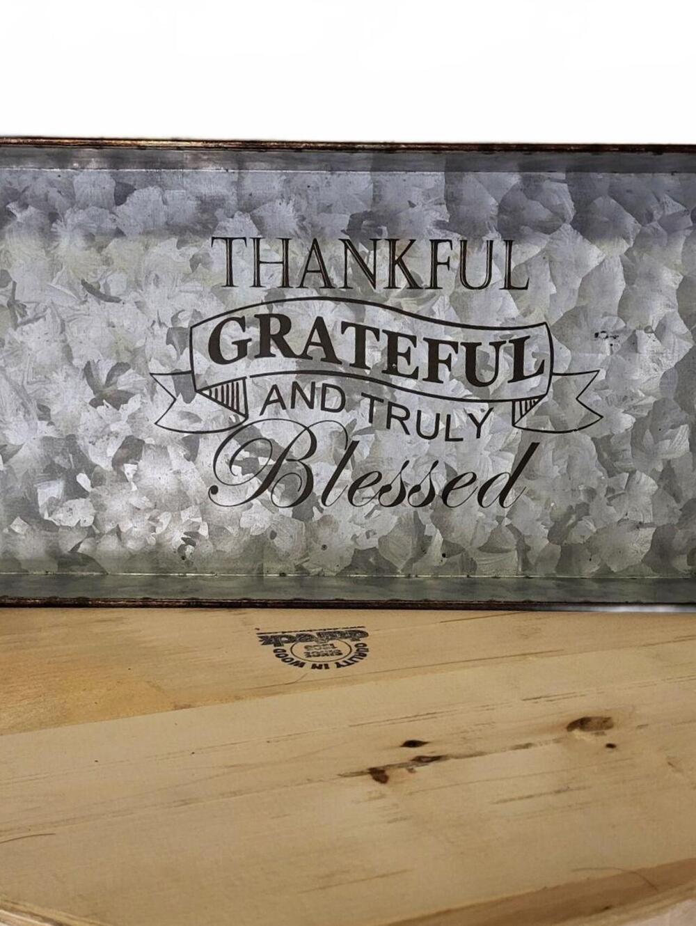 Robert Stanley 16.5" Galvanized Metal Tray Thankful Grateful Blessed Wood Handle